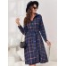 Checkered collar long sleeved tied long dress cardigan long shirt