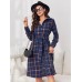 Checkered collar long sleeved tied long dress cardigan long shirt