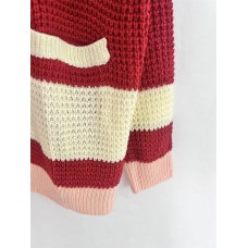 V-neck single breasted pocket contrasting splicing sweater cardigan