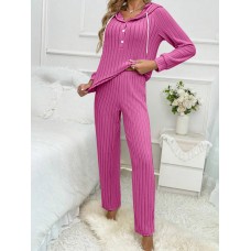 Drawstring Half Button Hooded Top and Ribbed Pants Set