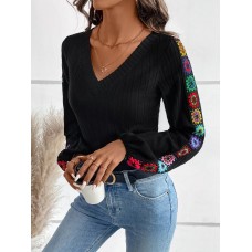 V-Neck Crochet Long Sleeve Top