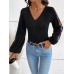 V-Neck Crochet Long Sleeve Top
