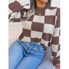Color blocking checkered long sleeved pullover knitted sweater
