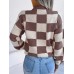 Color blocking checkered long sleeved pullover knitted sweater