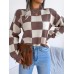 Color blocking checkered long sleeved pullover knitted sweater
