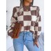 Color blocking checkered long sleeved pullover knitted sweater