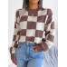 Color blocking checkered long sleeved pullover knitted sweater