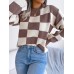 Color blocking checkered long sleeved pullover knitted sweater
