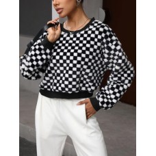 Plaid Round Neck Long Sleeve Sweatshirt