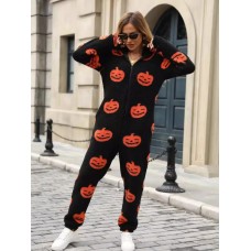 Pumpkin Half Zip Hooded Jumpsuit