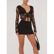 Tied Plunge Long Sleeve Lace Cropped Shirt