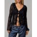 Tied V-Neck Long Sleeve Lace Shirt