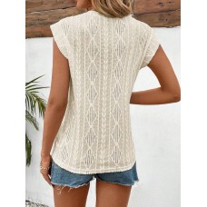 New fashionable round neck hollow out micro elastic short sleeved V-neck top for women