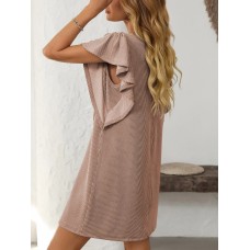 Color blocking twisted strip lotus leaf sleeve mid length dress
