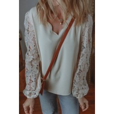 V Neck Lace Balloon Sleeve Blouse