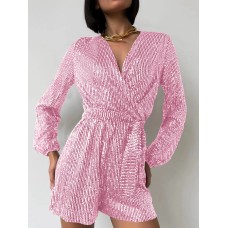 Full Size Sequin Surplice Tie Waist Long Sleeve Romper