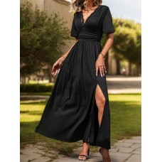 Perfee Lace Detail Slit V-Neck Short Sleeve Dress