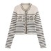 Color blocking striped women's knitted sweater top+striped hollow knitted skirt set for women