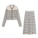Color blocking striped women's knitted sweater top+striped hollow knitted skirt set for women