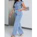 Tied Half Button Denim Jumpsuit with Pockets