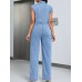 Tied Half Button Denim Jumpsuit with Pockets
