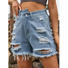 Distressed Raw Hem Denim Shorts
