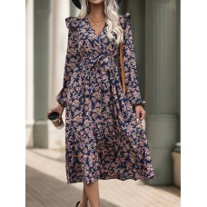 Printed Surplice Long Sleeve Midi Dress