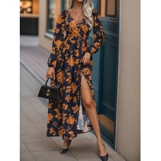 Split Printed Surplice Long Sleeve Midi Dress