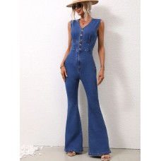 V-Neck Sleeveless Denim Jumpsuit