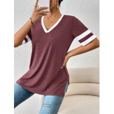 Contrast Trim V-Neck Short Sleeve T-Shirt