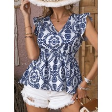 Ruffled Printed V-Neck Cap Sleeve Blouse