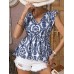 Ruffled Printed V-Neck Cap Sleeve Blouse