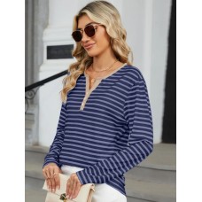 Striped Notched Long Sleeve T-Shirt
