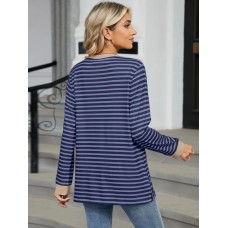 Pocketed Striped Round Neck Long Sleeve T-Shirt