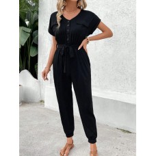 V-Neck Short Sleeve Jumpsuit