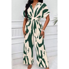 Elegant V-neck full body printed batwing sleeve wide jumpsuit Elegant V-neck full body printed batwing sleeve wide jumpsuit