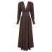Waist closure pleated French dress in coffee color with V-neck and long sleeves Waist closure pleated French dress in coffee color with V-neck and long sleeves