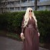 Waist closure pleated French dress in coffee color with V-neck and long sleeves Waist closure pleated French dress in coffee color with V-neck and long sleeves