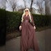 Waist closure pleated French dress in coffee color with V-neck and long sleeves Waist closure pleated French dress in coffee color with V-neck and long sleeves