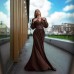 Waist closure pleated French dress in coffee color with V-neck and long sleeves Waist closure pleated French dress in coffee color with V-neck and long sleeves