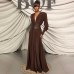Waist closure pleated French dress in coffee color with V-neck and long sleeves Waist closure pleated French dress in coffee color with V-neck and long sleeves