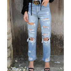 Distressed Straight Jeans with Pockets