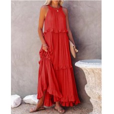 Ruffled Sleeveless Tiered Maxi Dress with Pockets