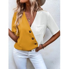 V-neck color blocked fashionable short sleeved contrasting shirt women's top