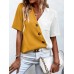 V-neck color blocked fashionable short sleeved contrasting shirt women's top