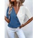 V-neck color blocked fashionable short sleeved contrasting shirt women's top