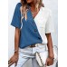 V-neck color blocked fashionable short sleeved contrasting shirt women's top