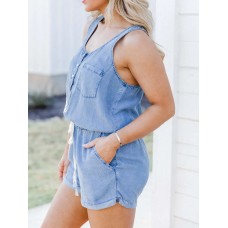 Pocketed Half Button Sleeveless Denim Romper
