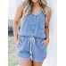 Pocketed Half Button Sleeveless Denim Romper