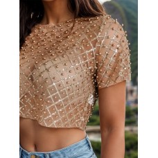 Sequin Bead Trim Round Neck Short Sleeve Blouse